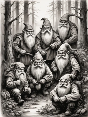 dwarves,dwarfs,gnomes,scandia gnomes,druids,elves,druid grove,gnomes at table,wizards,dwarf sundheim,dwarf,trolls,gnome,monks,nastygilrs,scandia gnome,forest workers,game illustration,gnome ice skating,santa clauses,Illustration,Black and White,Black and White 35