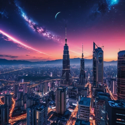 futuristic landscape,kuala lumpur,taipei 101,shanghai,taipei,hong kong,taiwan,dubai,space art,city skyline,alien world,taipei city,alien planet,colorful city,fantasy city,city at night,sky space concept,futuristic,galaxy,cityscape,Photography,General,Realistic