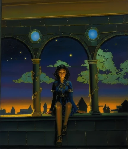 rem in arabian nights,night scene,transistor,the girl at the station,evening atmosphere,dusk background,majorelle blue,blue hour,before the dawn,in the evening,merida,lamplighter,moonlit night,art deco woman,woman at cafe,before dawn,night watch,fantasy picture,fantasy woman,lady of the night,Illustration,Realistic Fantasy,Realistic Fantasy 03
