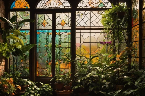 conservatory,stained glass windows,winter garden,stained glass window,stained glass,greenhouse,leaded glass window,art nouveau,art nouveau frame,glass window,orangery,art nouveau frames,the window,dandelion hall,robins in a winter garden,winter window,window,big window,stained glass pattern,palm house,Illustration,Realistic Fantasy,Realistic Fantasy 44