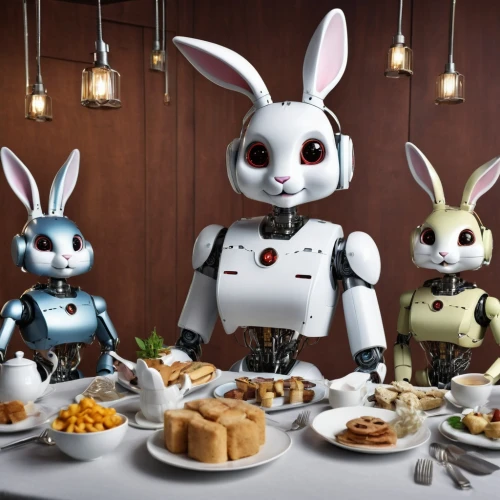 easter brunch,anthropomorphized animals,diner,breakfast buffet,breakfast table,doll kitchen,rabbit family,fine dining restaurant,tea party,spoon-billed,thirteen desserts,waiting staff,dinner party,serveware,easter rabbits,star kitchen,dining,white rabbit,easter theme,last supper,Photography,General,Realistic