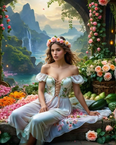 fantasy picture,cinderella,girl in flowers,fantasy portrait,rosa 'the fairy,flower fairy,girl in the garden,beautiful girl with flowers,fantasy art,fairy queen,fairy tale character,fantasy woman,rosa ' the fairy,rapunzel,secret garden of venus,jasmine blossom,garden of eden,girl in a wreath,way of the roses,flower background,Conceptual Art,Fantasy,Fantasy 05