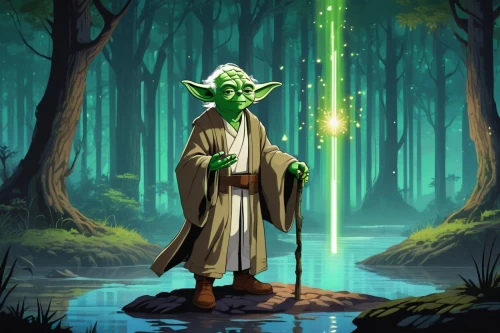 yoda,jedi,cg artwork,the wizard,monk,obi-wan kenobi,lightsaber,druid,mundi,the wanderer,star wood,druid grove,patrol,frog background,green aurora,ramsons,swamp,wizard,forest background,cloak,Illustration,Japanese style,Japanese Style 07