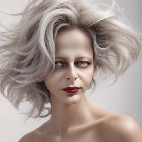 white lady,cruella de ville,retouching,aging icon,artificial hair integrations,silvery,retouch,blonde woman,porcelain doll,hair iron,tilda,image manipulation,photoshop manipulation,photo manipulation,bouffant,woman portrait,angora,vampire woman,management of hair loss,airbrushed,Photography,Realistic