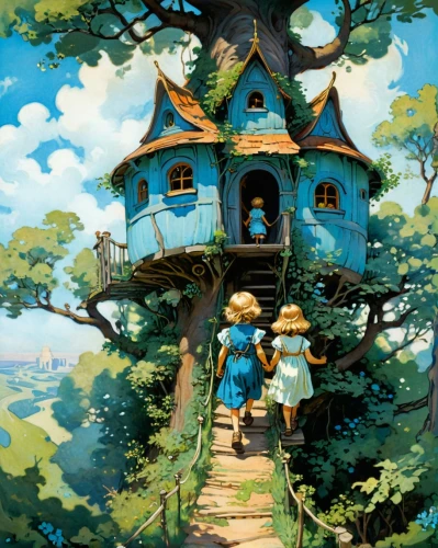 studio ghibli,tree house,treehouse,tree house hotel,house in the forest,my neighbor totoro,little house,bird house,witch's house,crooked house,fairy house,fairy tale castle,home landscape,alice in wonderland,wooden house,bird kingdom,house painting,fairy village,violet evergarden,children's fairy tale,Illustration,Retro,Retro 03