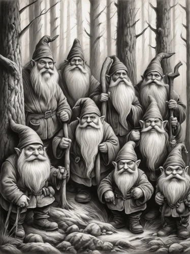 gnomes,elves,scandia gnomes,dwarves,dwarfs,gnomes at table,druid grove,santa clauses,hanging elves,druids,fairytale characters,cartoon forest,gnome skiing,wizards,gnome ice skating,elves flight,pine family,charcoal nest,pied piper,elven forest,Illustration,Black and White,Black and White 35