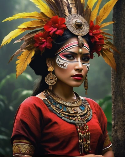 peruvian women,theyyam,polynesian girl,headdress,indonesian women,balinese,papuan,indian headdress,trogon,pachamama,marvel of peru,ancient costume,warrior woman,guatemalan quetzal,indian woman,indigenous culture,ethnic dancer,rebana,guatemalan,ubud,Illustration,Realistic Fantasy,Realistic Fantasy 34