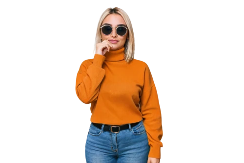 long-sleeved t-shirt,menswear for women,women clothes,women's clothing,orange,women fashion,fashion vector,sweatshirt,long-sleeve,orange color,ladies clothes,sunglasses,yellow orange,sweater,aviator sunglass,ski glasses,eye glass accessory,woman in menswear,knitting clothing,jeans background,Conceptual Art,Oil color,Oil Color 09