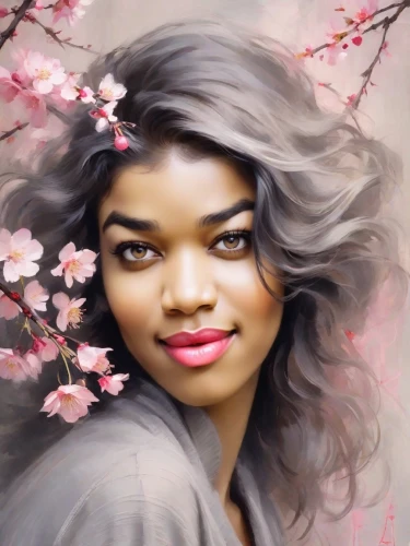 portrait background,photo painting,romantic portrait,world digital painting,digital painting,fantasy portrait,spring blossom,blossoming,african american woman,linden blossom,cherry blossom,digital art,magnolia,cherry blossoms,japanese sakura background,rose png,blossoming apple tree,artistic portrait,blossoms,blossomed,Digital Art,Impressionism