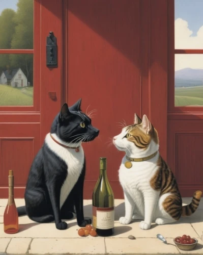 dog and cat,dog - cat friendship,vintage cats,two cats,anthropomorphized animals,cat's cafe,oktoberfest cats,dinner for two,corgis,figaro,cats,the pembroke welsh corgi,the cat and the,cat european,food and wine,scotch collie,cat family,whimsical animals,two dogs,felines