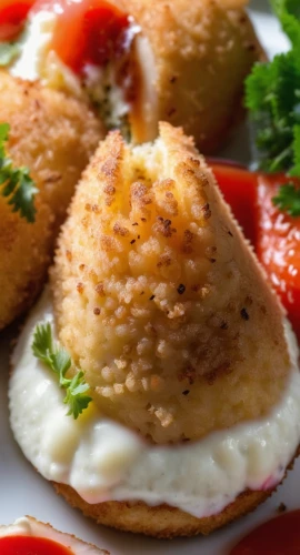 arancini,tomato mozzarella,bocconcini,fishcake,salmon cakes,potato cakes,shrimp croquette,panzerotti,cotoletta,turnip cake,rissole,fried egg plant,potato patties,pastilla,oven-baked cheese,caprese,khachapuri,mozarella,cordon bleu,stuffed clam,Photography,General,Realistic