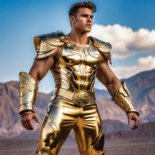 cleanup,steel man,armor,greek god,god of thunder,gladiator,armour,paladin,fantasy warrior,thor,spartan,armored,male character,thanos,alien warrior,gold wall,aaa,cosplay image,metallic,gold paint stroke,Photography,General,Realistic