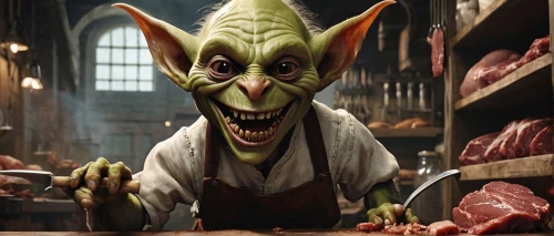 yoda,goblin,chef,dwarf cookin,ogre,butcher shop,ratatouille,confectioner,butcher,greengrocer,frankenweenie,wicket,grinch,shopkeeper,waiting staff,wasabi,fgoblin,eat,peperoncini,quark cheese