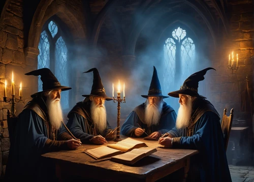 wizards,witches' hats,wizard,witches,three wise men,the three wise men,elves,celebration of witches,magic book,chess men,candlemaker,advisors,magistrate,monks,gnomes at table,spell,potions,magus,the wizard,druids,Art,Artistic Painting,Artistic Painting 25