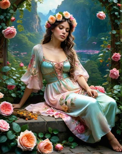 rosa 'the fairy,girl in flowers,fantasy picture,the sleeping rose,girl in the garden,faery,beautiful girl with flowers,rosa ' the fairy,wild roses,fantasy portrait,faerie,scent of roses,fairy tale character,relaxed young girl,way of the roses,secret garden of venus,rosebushes,fairy queen,fantasy art,with roses,Conceptual Art,Fantasy,Fantasy 05
