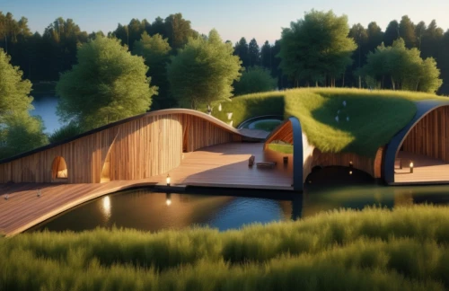 wooden bridge,covered bridge,moveable bridge,floating huts,boathouse,3d rendering,render,humpback bridge,3d render,tied-arch bridge,beam bridge,eco-construction,wooden beams,inverted cottage,3d rendered,archidaily,scenic bridge,boat house,houseboat,grass roof,Photography,General,Realistic