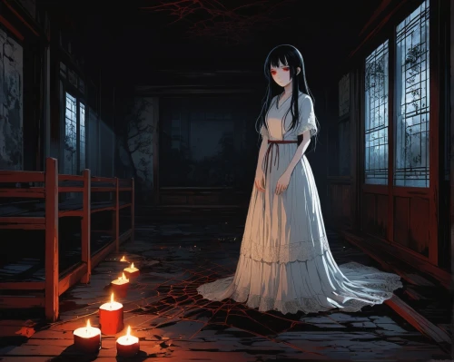candlelight,seerose,dead bride,nightgown,ghost girl,dark art,burning candles,burning candle,lantern,priestess,candlelights,shinigami,lanterns,witch house,banishment,light of night,darkness,girl in a long dress,japanese art,the girl in nightie,Illustration,Vector,Vector 03