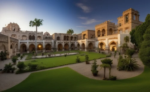 alcazar of seville,university al-azhar,alcazar,umayyad palace,monastery israel,stanford university,spanish missions in california,abbaye de belloc,3d rendering,caravansary,villa cortine palace,monastery garden,celsus library,city palace,hacienda,alhambra,grand master's palace,palace garden,courtyard,seville,Photography,General,Realistic