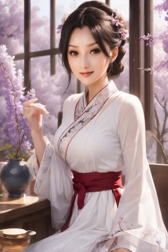 hanbok,tea zen,geisha,plum blossoms,oriental princess,japanese sakura background,geisha girl,mukimono,wuchang,plum blossom,jasmine blossom,ao dai,sakura blossom,white blossom,tea ceremony,siu mei,japanese woman,shuanghuan noble,sakura blossoms,spring festival