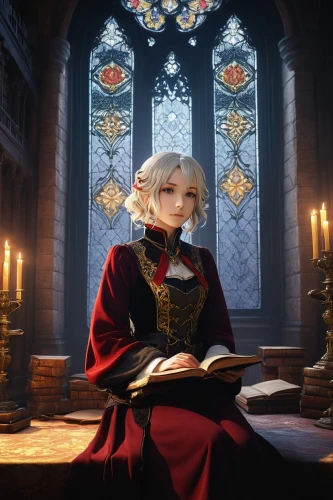 nero,violet evergarden,scholar,nero claudius,nightingale,librarian,priest,choir master,blood church,candlemaker,gothic portrait,apothecary,imperial coat,red coat,mage,count,bishop,crown,ren,magistrate,Illustration,Japanese style,Japanese Style 12