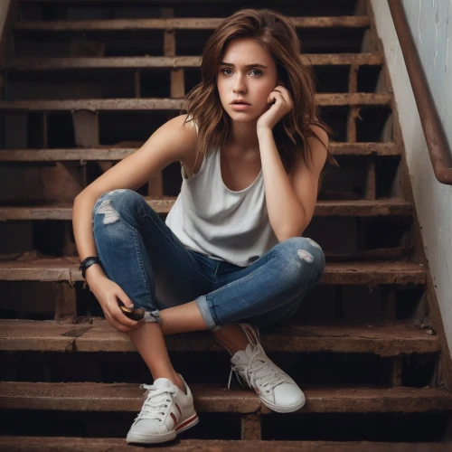 girl on the stairs,girl sitting,female model,girl in overalls,young woman,stairs,beautiful young woman,relaxed young girl,sitting,ripped jeans,girl in t-shirt,woman sitting,young model,pretty young woman,stair,holding shoes,girl portrait,denim,stairwell,skater,Photography,Documentary Photography,Documentary Photography 18