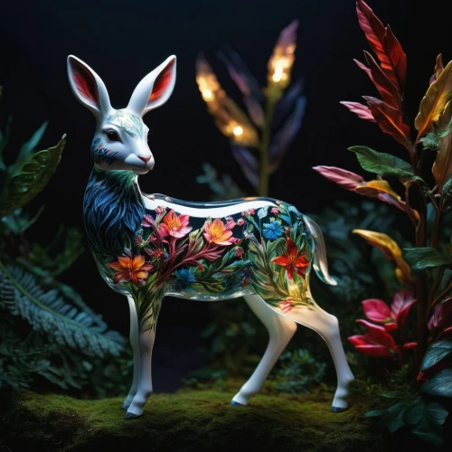 whimsical animals,flower animal,animals play dress-up,woodland animals,spring unicorn,forest animal,anthropomorphized animals,young-deer,forest animals,fauna,pere davids deer,deer illustration,fawn,wild hare,fawns,rabbits and hares,3d fantasy,diorama,body painting,bodypainting,Photography,Artistic Photography,Artistic Photography 02