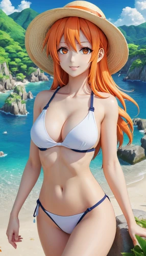 nami,one-piece swimsuit,beach background,straw hat,summer background,sun hat,kosmea,coconut hat,summer swimsuit,high sun hat,summer hat,beach scenery,one piece,swimsuit,hinata,orange,torii,tankini,straw hats,holding a coconut,Illustration,Japanese style,Japanese Style 04