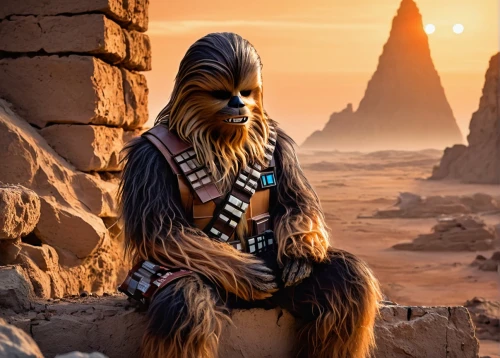 chewbacca,chewy,sphinx pinastri,solo,the sphinx,sphinx,bazlama,starwars,star wars,empire,cg artwork,afar tribe,lone warrior,lando,emperor of space,vader,tribal chief,desert background,sw,darth vader,Illustration,Japanese style,Japanese Style 04
