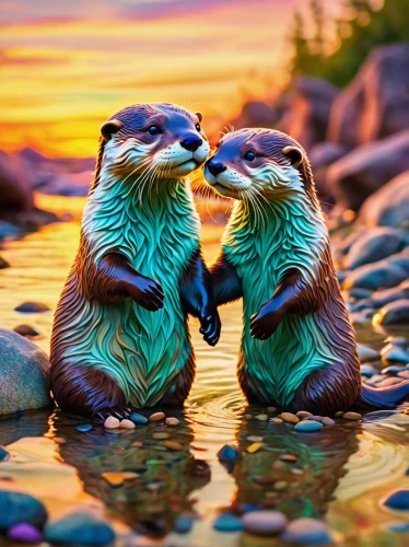 otters,sea lions,otter,romantic scene,loving couple sunrise,north american river otter,cute animals,sea otter,seals,sweethearts,marine mammals,nature love,whimsical animals,couple in love,prairie dogs,otter baby,beautiful couple,penguin couple,romantic,romantic night,Conceptual Art,Oil color,Oil Color 23