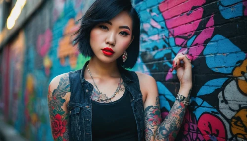 tattoo girl,asian woman,asian girl,oriental girl,mulan,portrait background,tattoos,with tattoo,graffiti,punk,asian,colorful background,vietnamese woman,tattooed,tattoo artist,portrait photography,asian vision,japanese woman,phuquy,red wall,Conceptual Art,Graffiti Art,Graffiti Art 04