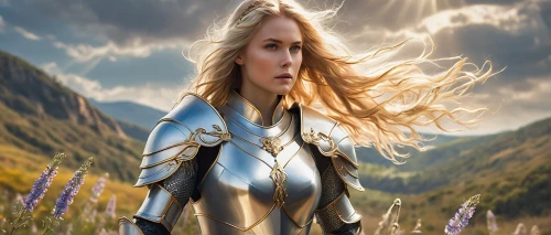 norse,female warrior,fantasy woman,heroic fantasy,goddess of justice,fantasy picture,warrior woman,paladin,joan of arc,sprint woman,god of thunder,captain marvel,strong woman,nordic,thor,wonderwoman,silver arrow,strong women,digital compositing,superhero background,Conceptual Art,Oil color,Oil Color 24