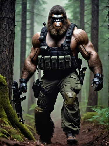 gorilla soldier,gorilla,ape,aaa,patrol,kong,aa,king kong,silverback,great apes,war monkey,barbarian,brute,bane,guerrilla,forest man,cleanup,gundogmus,primate,monkey soldier,Illustration,Realistic Fantasy,Realistic Fantasy 10