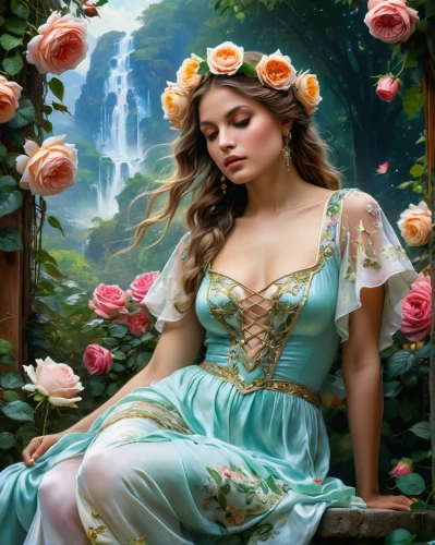 girl in flowers,fantasy portrait,fantasy picture,the sleeping rose,girl in the garden,beautiful girl with flowers,rosa 'the fairy,cinderella,romantic portrait,girl in a wreath,scent of roses,faery,blooming roses,rapunzel,flower fairy,with roses,fantasy art,faerie,flora,splendor of flowers,Conceptual Art,Fantasy,Fantasy 05