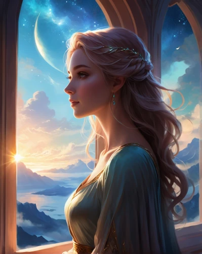 elsa,fantasy portrait,rapunzel,fantasy picture,aurora,fantasy art,elven,cg artwork,celtic queen,fantasy woman,celtic woman,fantasia,mystical portrait of a girl,merida,games of light,zodiac sign libra,portrait background,tiana,heroic fantasy,luminous,Illustration,Realistic Fantasy,Realistic Fantasy 01