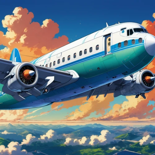 fokker f28 fellowship,douglas dc-4,douglas dc-2,douglas dc-6,china southern airlines,fokker f27 friendship,douglas dc-7,douglas dc-3,boeing c-97 stratofreighter,curtiss c-46 commando,lockheed model 10 electra,douglas c-54 skymaster,ju 52,aeroplane,twinjet,boeing 307 stratoliner,jet plane,douglas c-47 skytrain,plane,airliner,Illustration,Japanese style,Japanese Style 03