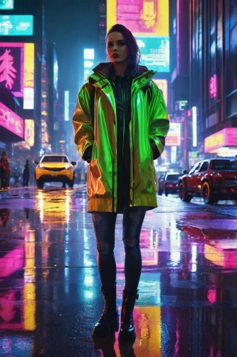 neon,neon colors,cyberpunk,neon lights,neon arrows,pedestrian,neon light,neon ghosts,walking in the rain,parka,taipei,futuristic,raincoat,shanghai,80s,windbreaker,rain suit,in the rain,neon candies,neon coffee,Illustration,Paper based,Paper Based 09