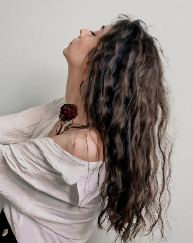 gypsy hair,artificial hair integrations,layered hair,curly brunette,curly hair,open locks,smooth hair,tying hair,curly,curls,long hair,alligator clip,social,on a red background,necklace,red background,shoulder length,flamenco,curly string,asian semi-longhair