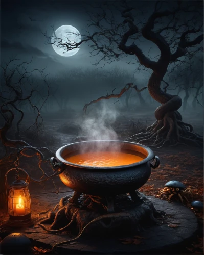 cauldron,candy cauldron,halloween coffee,handpan,pumpkin soup,dark mood food,celebration of witches,cooking pot,magical pot,halloween background,witches legs in pot,witch broom,halloween scene,fantasy picture,conjure up,fire bowl,tureen,halloween illustration,witch's hat,witches,Conceptual Art,Sci-Fi,Sci-Fi 25