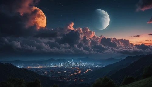 fantasy landscape,fantasy picture,futuristic landscape,world digital painting,lunar landscape,moonlit night,alien planet,landscape background,evening atmosphere,alien world,moonrise,mountainous landscape,photo manipulation,moonscape,nightscape,night sky,photomanipulation,valley of the moon,mountain landscape,dream world,Photography,General,Fantasy