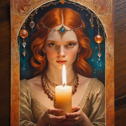 mucha,candlemaker,votive candle,lighted candle,burning candle,candlelights,candlelight,candlemas,candle,advent candle,tarot,art nouveau frame,golden candlestick,a candle,flameless candle,priestess,mystical portrait of a girl,light a candle,tarot cards,candle light,Photography,General,Cinematic