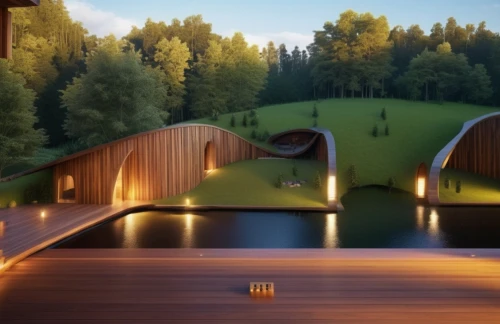 3d rendering,corten steel,eco hotel,wooden beams,wooden bridge,futuristic architecture,render,moveable bridge,roof landscape,floating stage,archidaily,landscape design sydney,infinity swimming pool,futuristic landscape,3d render,3d rendered,pool house,wooden decking,eco-construction,grass roof,Photography,General,Realistic