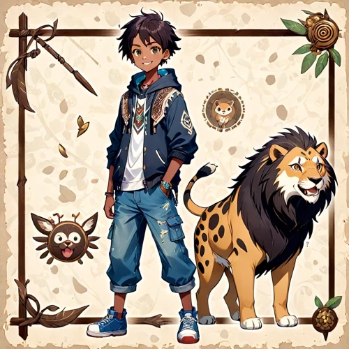 forest king lion,masai lion,mowgli,kyi-leo,lion children,zodiac sign leo,lion father,leo,chestnut tiger,male lion,king of the jungle,male character,skeezy lion,lion,main character,game illustration,lion number,anime japanese clothing,zookeeper,young tiger,Anime,Anime,Traditional