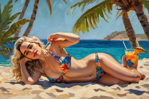 oil painting,blonde woman,kohphangan,luau,oil painting on canvas,marylyn monroe - female,beach background,cabana,world digital painting,pin-up girl,aloha,dream beach,oil on canvas,ibiza,photo painting,candy island girl,bodypaint,blonde girl,tropic,girl lying on the grass,Conceptual Art,Oil color,Oil Color 22