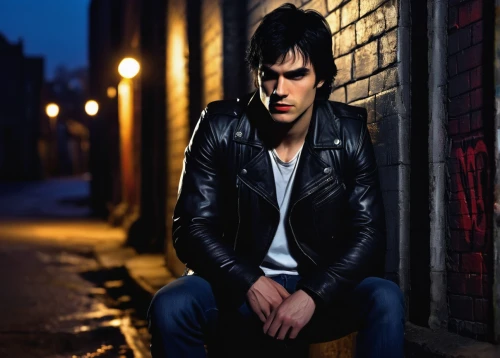 daemon,leather jacket,farro,portrait photography,photographic background,photo session in torn clothes,brick wall background,film actor,elvis,young model istanbul,deacon,alleyway,portrait background,male model,main character,rocker,black city,lincoln blackwood,black leather,handsome model,Conceptual Art,Daily,Daily 09