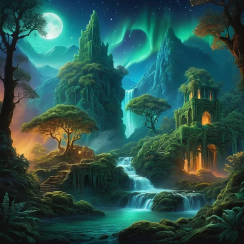 fantasy landscape,druid grove,elven forest,fantasy picture,mushroom landscape,forest landscape,fairy forest,cartoon video game background,fantasy art,landscape background,forest of dreams,forest background,fairy world,green waterfall,fairytale forest,enchanted forest,3d fantasy,northrend,fairy village,green aurora,Illustration,Retro,Retro 24