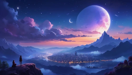 fantasy landscape,fantasy picture,lunar landscape,valley of the moon,futuristic landscape,alien planet,alien world,hot-air-balloon-valley-sky,purple landscape,mushroom landscape,landscape background,moon and star background,fantasy world,fantasy art,3d fantasy,dream world,dusk background,mountain world,hanging moon,crescent moon,Illustration,Realistic Fantasy,Realistic Fantasy 01