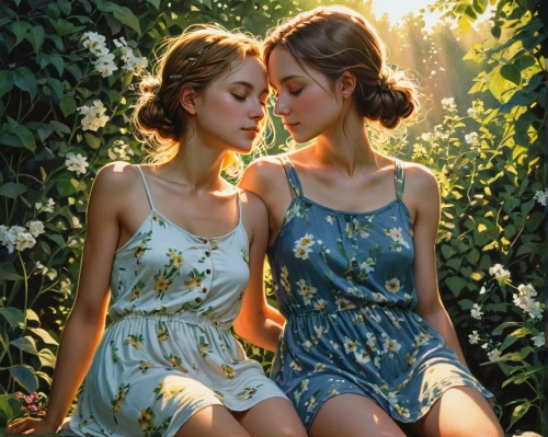 two girls,romantic portrait,young women,twin flowers,vintage girls,young couple,oil painting on canvas,girl kiss,oil painting,beautiful photo girls,sisters,secret garden of venus,floral heart,idyll,retro women,summer flowers,garden of eden,daisies,beautiful women,women friends,Illustration,Realistic Fantasy,Realistic Fantasy 12