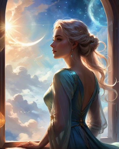 elsa,rapunzel,fantasy portrait,fantasy picture,cinderella,fantasia,aurora,fantasy art,enchanted,mystical portrait of a girl,fairytales,jessamine,games of light,cg artwork,fairy tale character,blue moon rose,light of night,celestial,fantasy woman,enchanting,Illustration,Realistic Fantasy,Realistic Fantasy 01