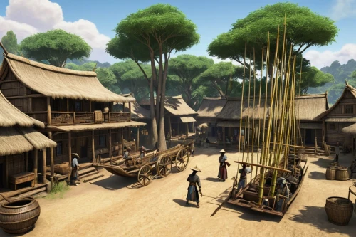 korean folk village,knight village,medieval market,thatch umbrellas,thatching,traditional village,folk village,marketplace,castle iron market,guild,tavern,thatch,stilt houses,huts,villagers,devilwood,straw hut,medieval town,village scene,bamboo plants,Illustration,Japanese style,Japanese Style 21