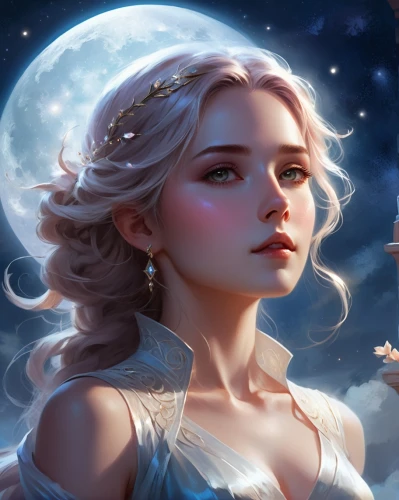 white rose snow queen,fantasy portrait,elsa,the snow queen,moon and star background,stars and moon,moon and star,fairy tale icons,luna,the moon and the stars,fairy tale character,fantasy picture,jessamine,aurora,moonbeam,cg artwork,zodiac sign libra,queen of the night,fae,rapunzel,Illustration,Realistic Fantasy,Realistic Fantasy 01